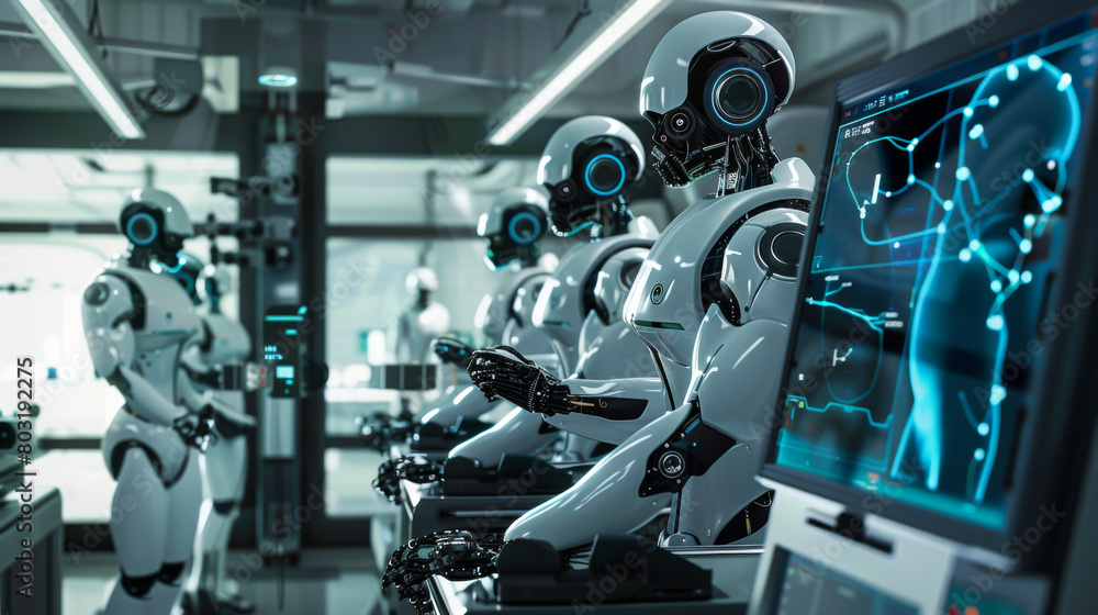 A robot is sitting in front of a computer monitor with a skull on the screen. The robot is wearing a white suit and has a robotic face. The robot is surrounded by several other robots A robot is sitting in front of a computer monitor with a skull on the screen. The robot is wearing a white suit and has a robotic face. The robot is surrounded by several other robots