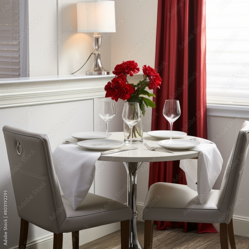 Elegant dinning table with red roses centerpiece Elegant dinning table with red roses centerpiece