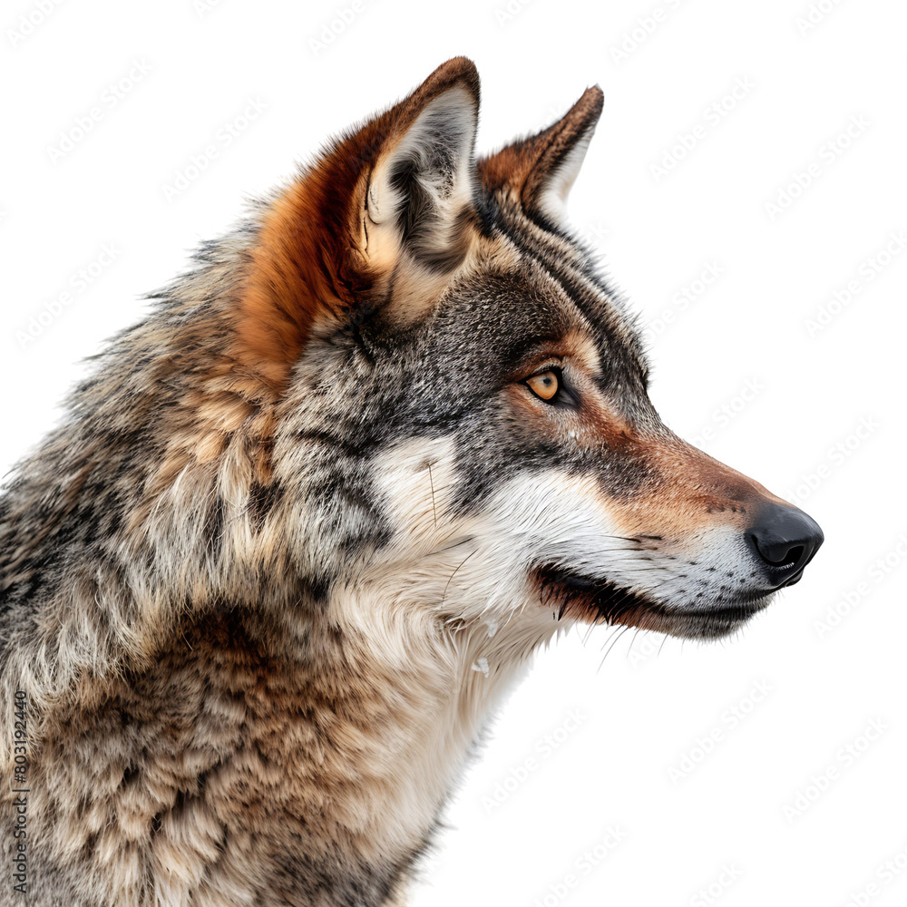 Wolf face shot side view on isolated transparent background Wolf face shot side view on isolated transparent background
