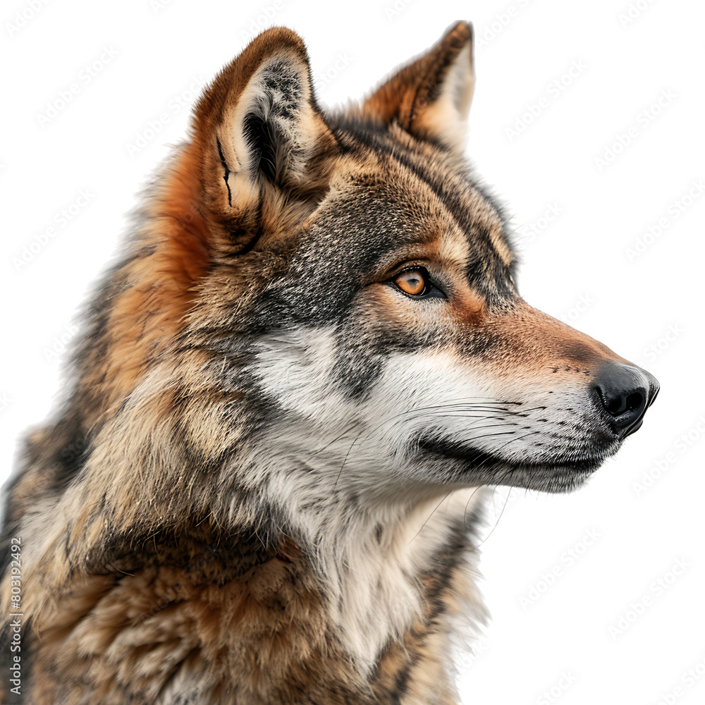 Wolf face shot side view on isolated transparent background