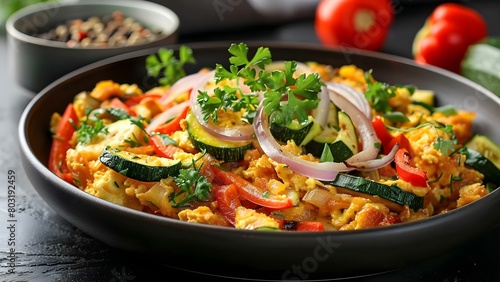 Colorful veggie scramble with red peppers onions and zucchini a nutritious breakfast. Concept Healthy Eating, Nutritious Breakfast, Colorful Vegetables, Delicious Recipes, Energy Boosting