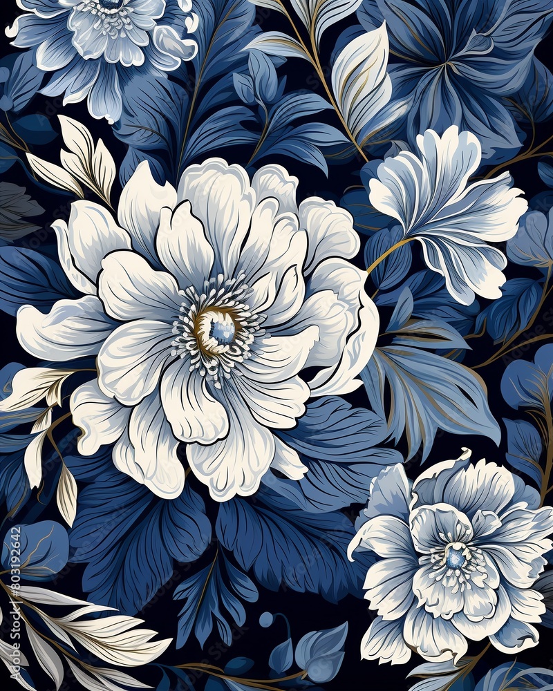 Autumn floral blues, deep navy with hints of grey, rich textured seamless pattern for elegant greeting cards ,  seamless pattern