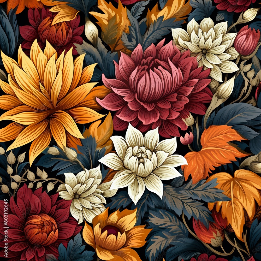 Autumn loose flowers, rich earthy hues, seamless repeating pattern, ideal for rustic greeting cards ,  vector and illustrations
