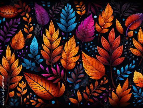 Autumn neon prints, deep glowing hues, repeating seamless pattern, ideal for bold greeting cards ,  vector and illustrations © Amina