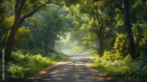 A long and winding road through a lush green forest.