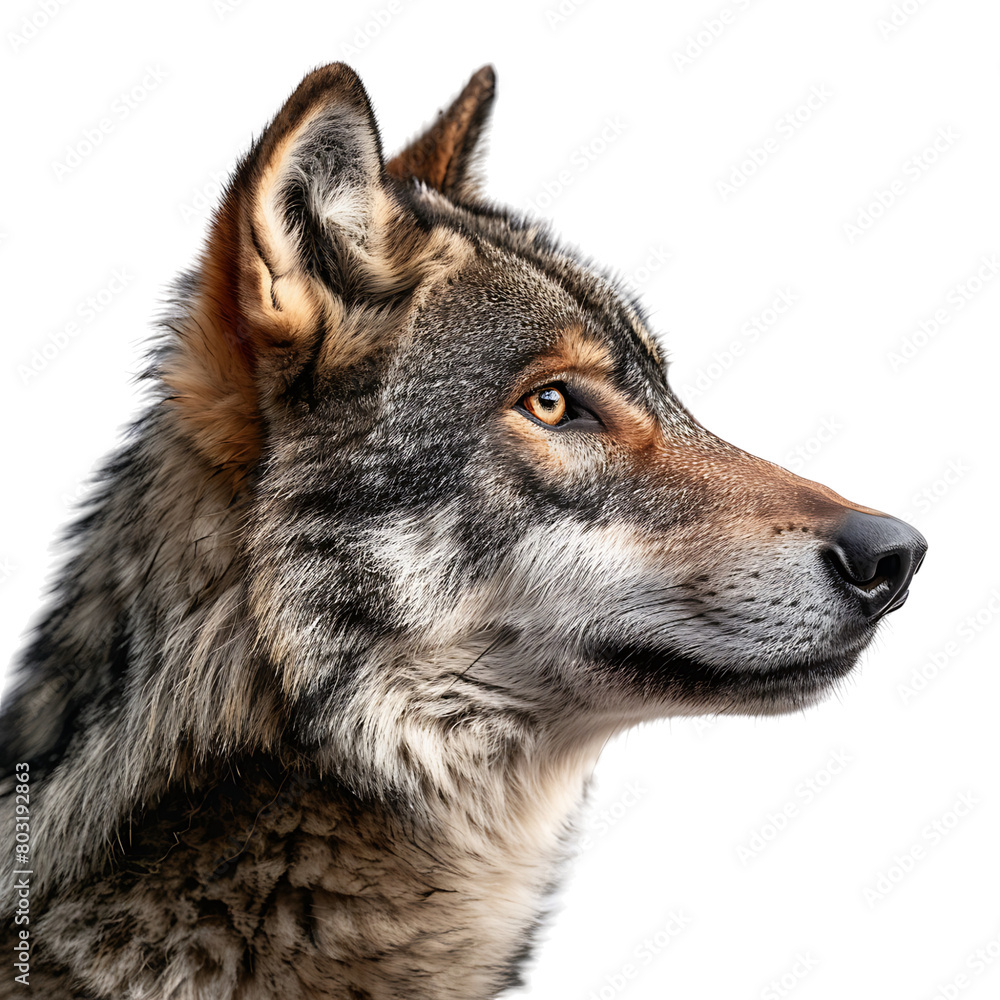 Fototapeta premium Wolf face shot side view on isolated transparent background