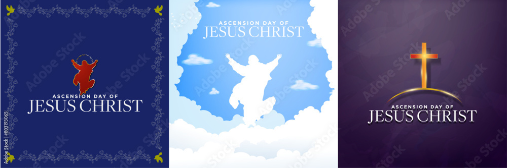 Happy Ascension Day of Jesus Christ Greeting Posters. Red and gold Jesus Symbol, white silhouette of Jesus Christ made of clouds and surrounded by clouds in heaven, Light shining on a golden cross. Happy Ascension Day of Jesus Christ Greeting Posters. Red and gold Jesus Symbol, white silhouette of Jesus Christ made of clouds and surrounded by clouds in heaven, Light shining on a golden cross.