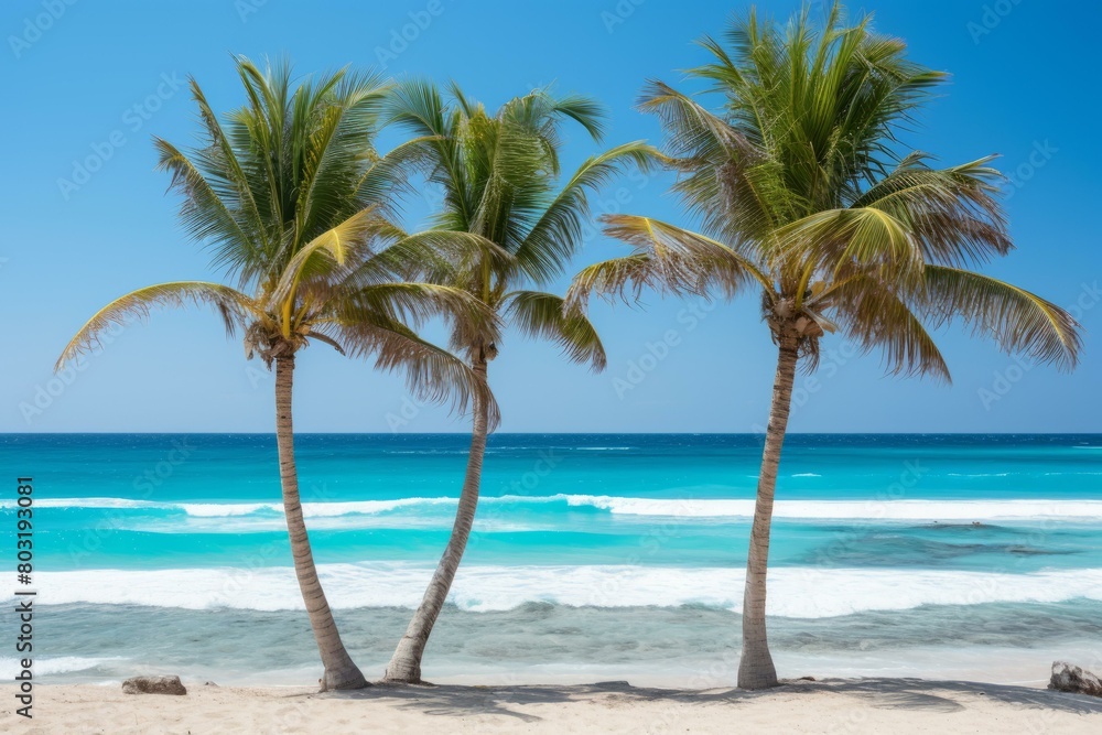 Three palm trees on a beach with white sand and turquoise sea