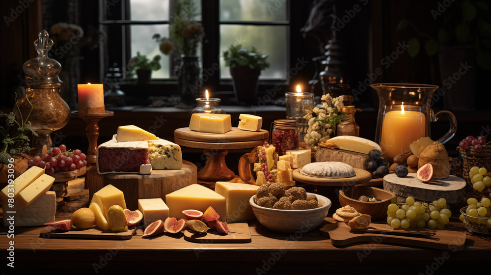 Gourmet Cheese Board with Candles and Fresh Fruit. Generative AI