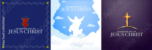 Happy Ascension Day of Jesus Christ Greeting Posters. Red and gold Jesus Symbol, white silhouette of Jesus Christ made of clouds and surrounded by clouds in heaven, Light shining on a golden cross. 