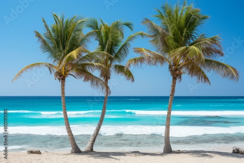 Three palm trees on a beach with white sand and turquoise sea