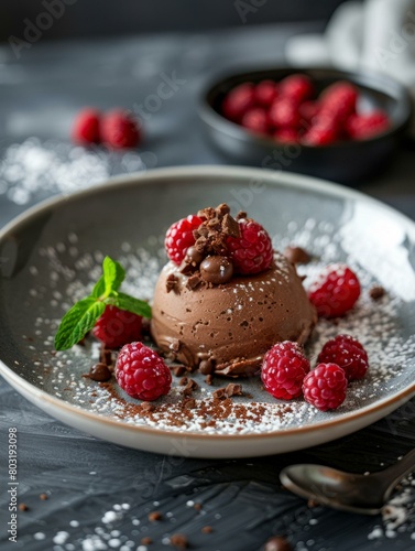 Decadent chocolate mousse with fresh raspberries