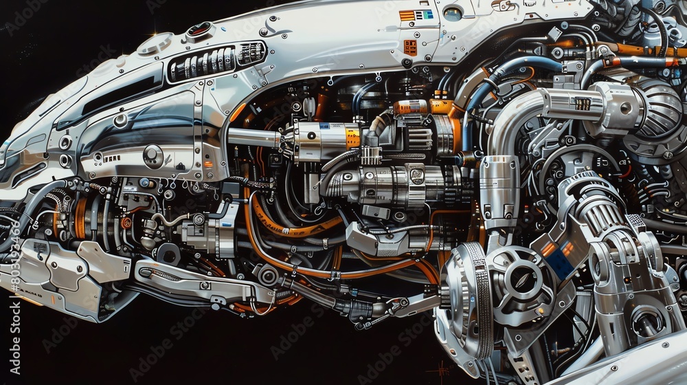 Produce a detailed oil painting of a sleek, silver industrial robot in a side view, capturing its intricate mechanical parts and futuristic design Produce a detailed oil painting of a sleek, silver industrial robot in a side view, capturing its intricate mechanical parts and futuristic design