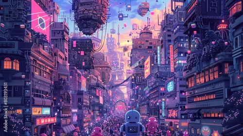 Produce a detailed digital painting of a futuristic cityscape with colorful, pixelated robot pets frolicking in the streets photo