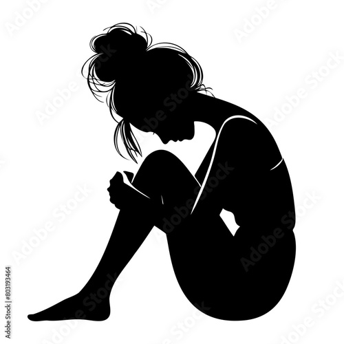 Depressed sitting girl silhouette. Bad mood, melancholy, sorrow, negative emotions concept. Vector illustration