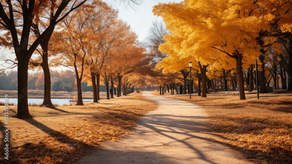 Fall Scenery of a Park with Trees and a Walking Path