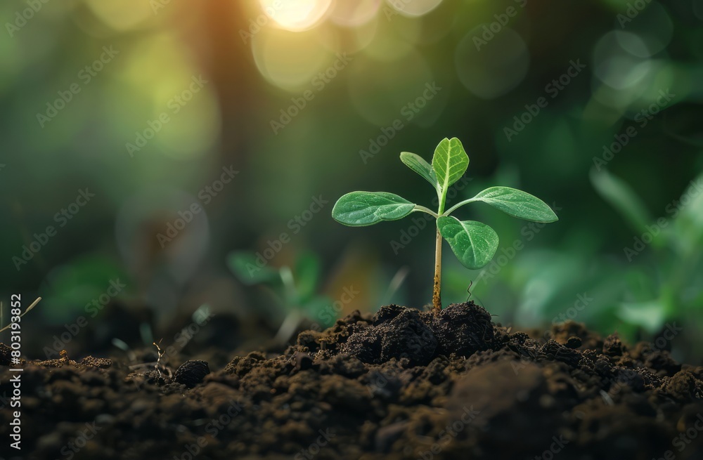 A closeup of a sprout growing from soil, representing new life and growth. The background is blurred to emphasize the plant's vibrant green color against the rich brown earth A closeup of a sprout growing from soil, representing new life and growth. The background is blurred to emphasize the plant's vibrant green color against the rich brown earth