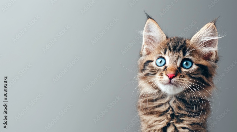 A cute tabby kitten with blue eyes is looking up