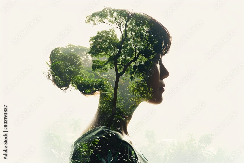 Double exposure of an Asian woman silhouette with green forest
