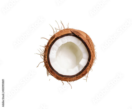 Fresh Coconut isolated. Coconut slice and piece with leaves on transparent background. Broken white coco flying. Ai generative.