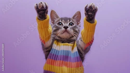 Cheerful Tabby Cat Cheering in Colorful Cheerleading Outfit on Lavender Background