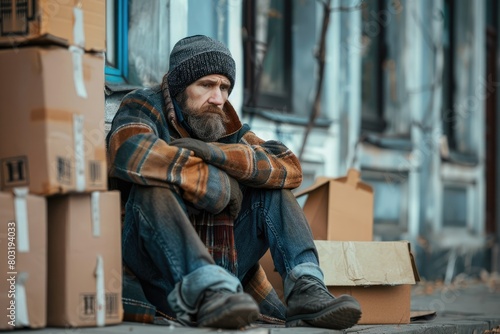 a man sits on the street, there are cardboard boxes nearby
