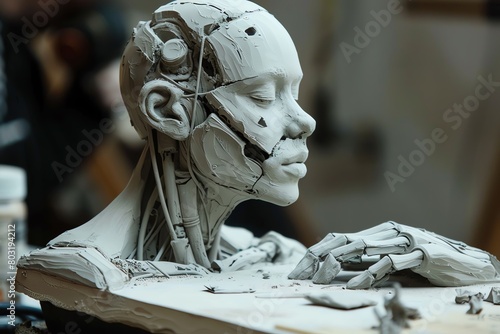 Produce a visually captivating clay sculpture depicting a sophisticated robot learning from its surroundings with a birds eye view, symbolizing the advancement of artificial intelligence through machi photo