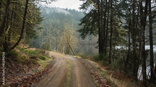 A photo of a dirt road in a forest with a lake in the distance.