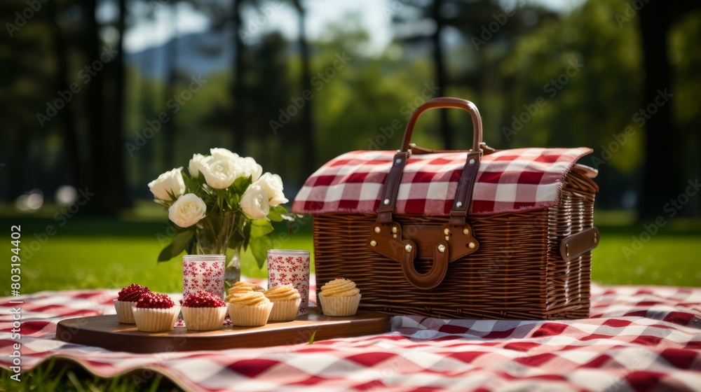 A picnic in the park with a red and white checkered blanket, a picnic basket, and a vase of white roses A picnic in the park with a red and white checkered blanket, a picnic basket, and a vase of white roses