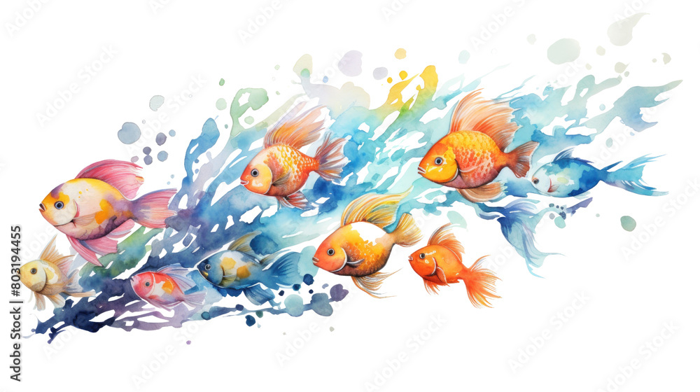 Image shows a school of goldfish swimming in a colorful ocean current in isolated on transparent background
