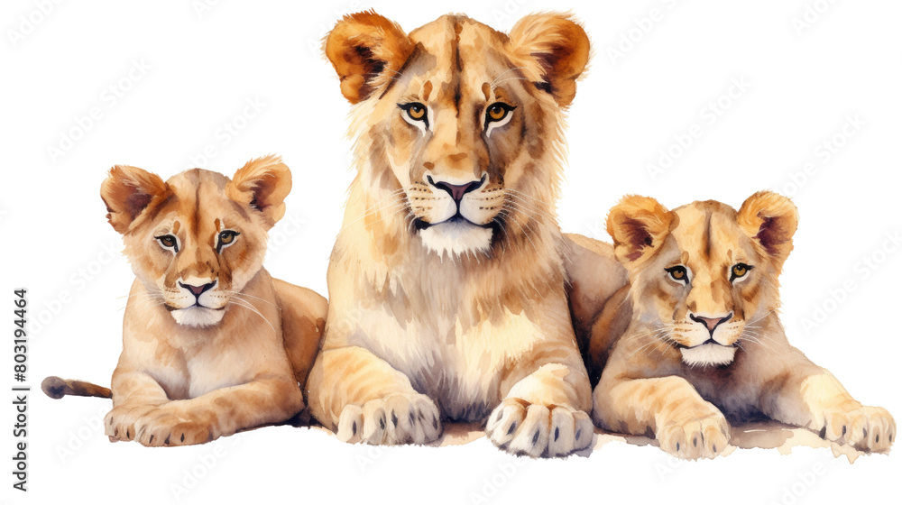 Obraz premium The image shows a lioness with her two cubs in isolated on transparent background