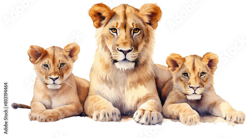 The image shows a lioness with her two cubs in isolated on transparent background