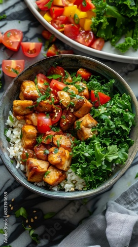 Chicken Teriyaki Bowl with Kale and Tomatoes photo