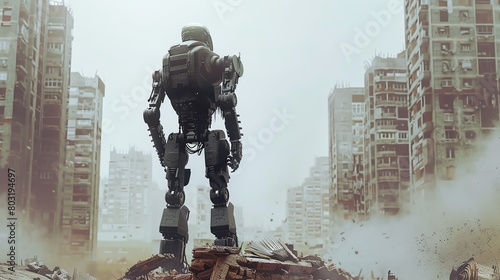 Render a humanoid robot in a post-apocalyptic cityscape, towering over abandoned buildings with dust swirling around, conveying a sense of loneliness and resilience Use CG 3D rendering for a photoreal photo
