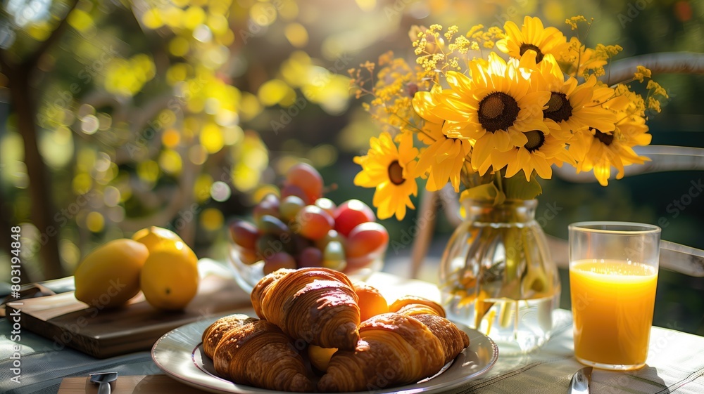 Bright sunny breakfast setting outdoors with sunflowers. Bright sunny breakfast setting outdoors with sunflowers.