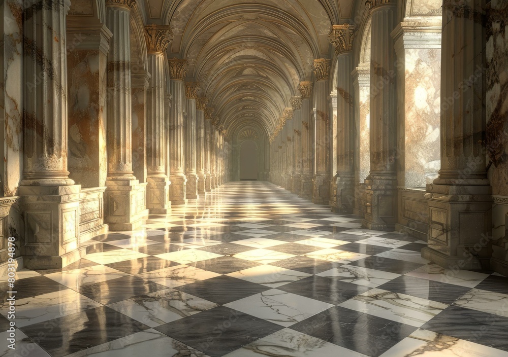 The long bright marble hallway