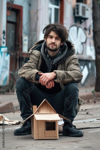 a man sits on the street in the city and holds in his hands a house made of cardboard backing