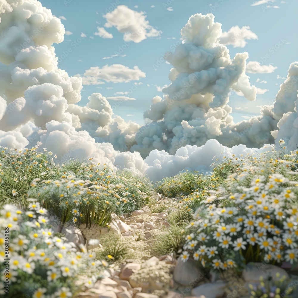 A Rocky Path Through a Field of Flowers and Clouds A Rocky Path Through a Field of Flowers and Clouds