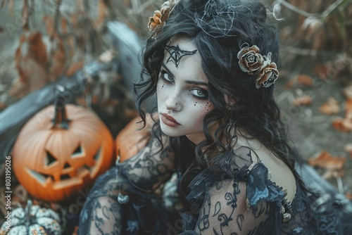 mystical young woman in a black dress with a pumpkin
