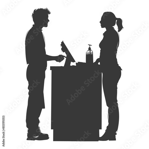 silhouette customer and cashier in supermarket full body black color only