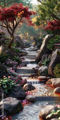 Small creek flowing through a rocky and lush Japanese garden © Adobe Contributor