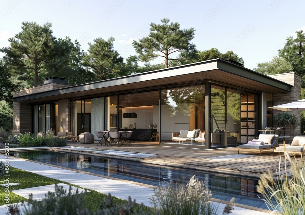 Fototapeta premium Modern House Exterior With Pool And Trees