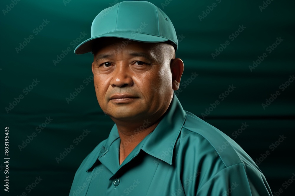 Portrait of a man in a green cap and green shirt Portrait of a man in a green cap and green shirt