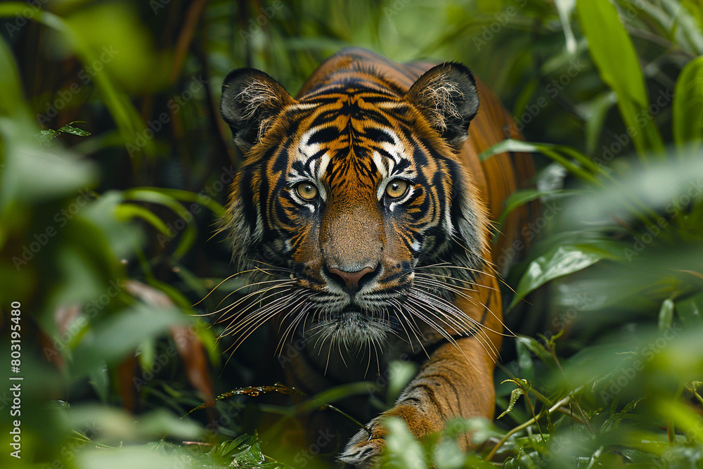 Fototapeta premium A majestic tiger prowling through dense jungle foliage, its orange and black stripes a bold contrast against the greenery top view
