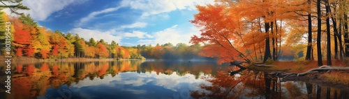 Serene lake reflecting autumn trees, calm afternoon, wide angle © nattapon98