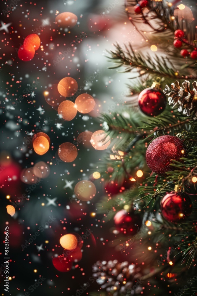 Christmas tree with red ornaments and twinkling lights Christmas tree with red ornaments and twinkling lights