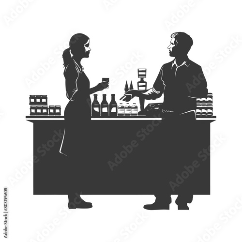 silhouette customer and cashier in supermarket full body black color only