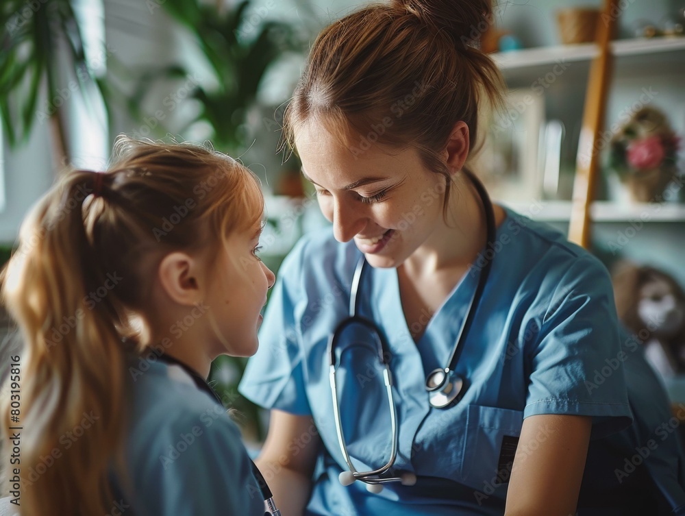 Young female doctor talking to a little girl patient Young female doctor talking to a little girl patient