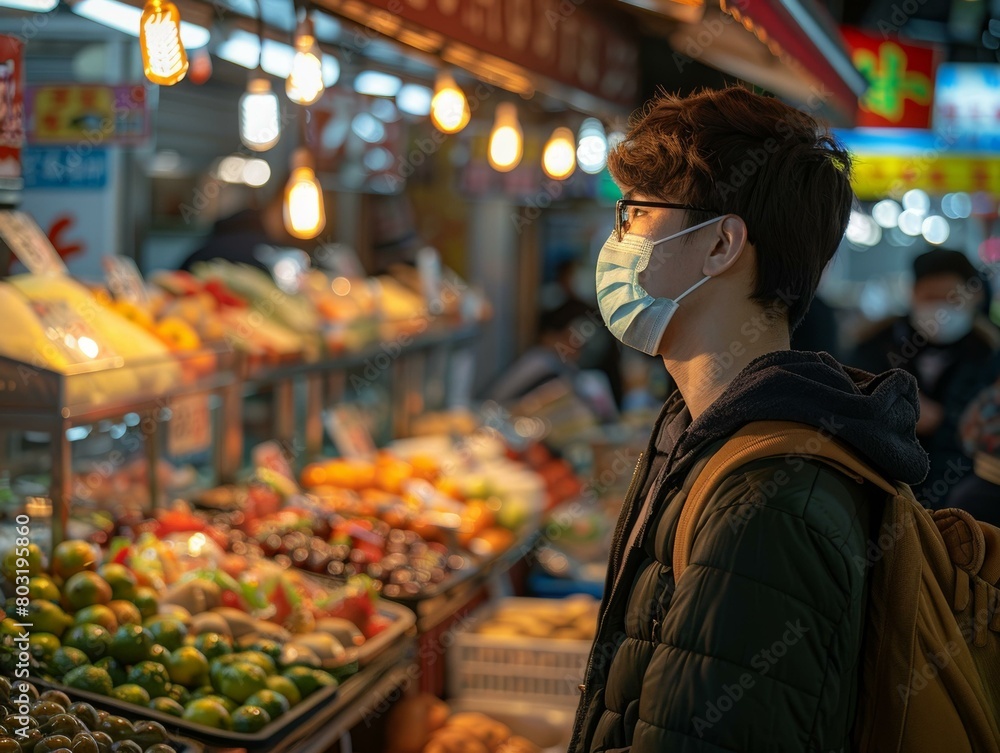 Asian man wearing a mask in a market