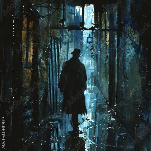 Surreal Detective in a dimly lit alleyway, viewing the world through a shattered mirror, revealing twisted reflections and hidden clues Digital rendering techniques, capturing a sense of disorientatio